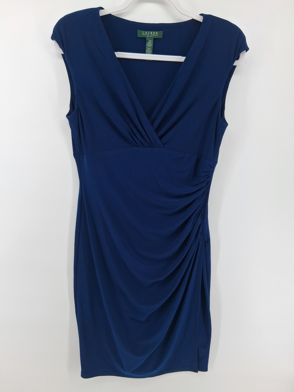 Lauren Ralph Lauren Navy Blue Faux-Wrap Ruched Sheath Dress